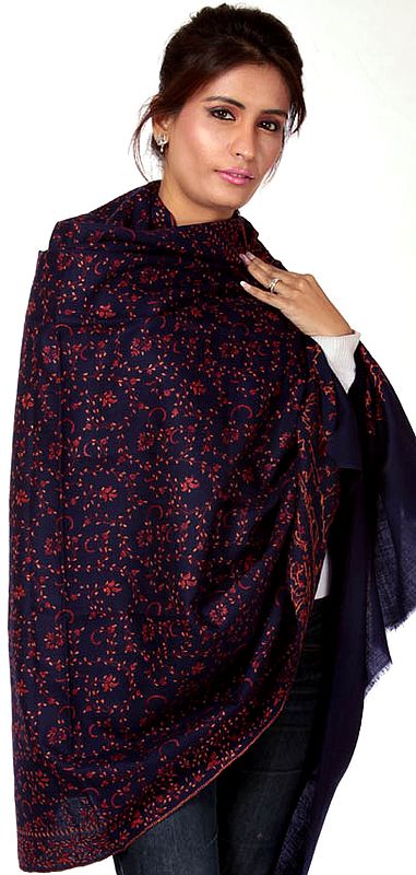 Midnight-Blue Tusha Shawl with All-Over Jafreen Jaal Embroidery