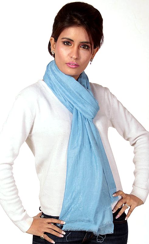 Sky-Blue Cashmere Stole with Self Weave
