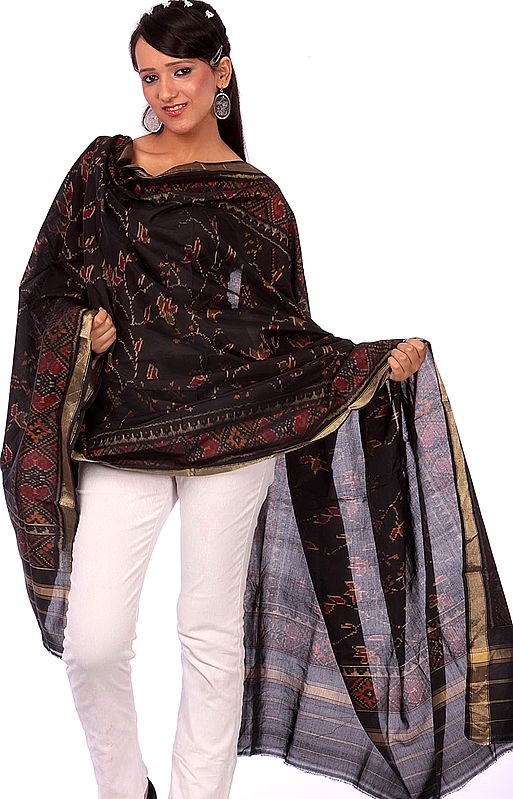 Black Hand-woven Patan Patola Dupatta from Gujarat with Ikat Weave
