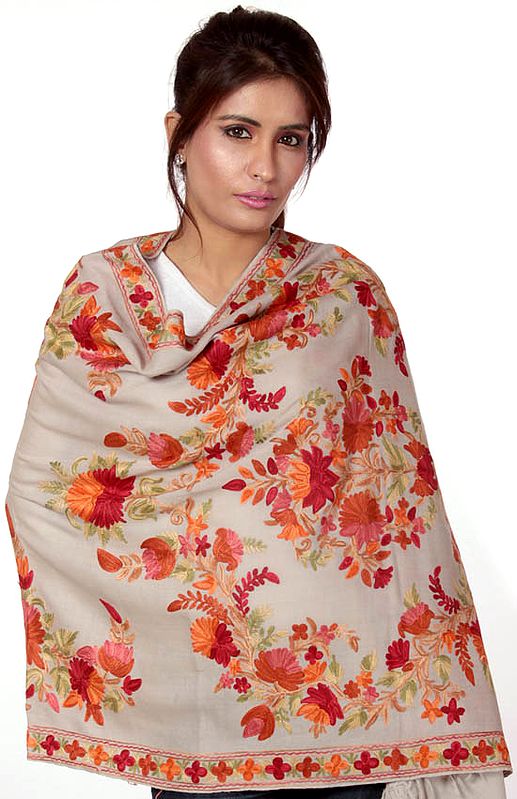 Gray Floral Embroidered Aari Stole from Kashmir