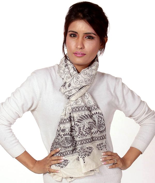 Ivory and Gray Stole with Kantha Stitch Embroidery by Hand