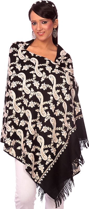 Black Stole with Aari-Embroidered Paisleys by Hand