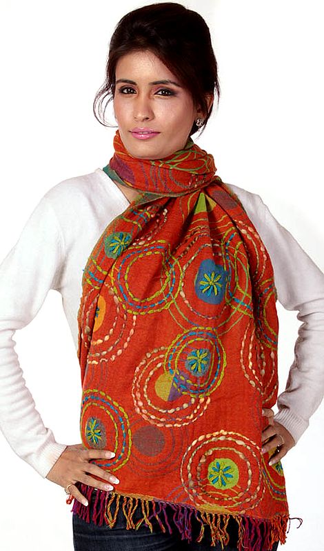 Orange Jamawar Stole with Aari Embroidery