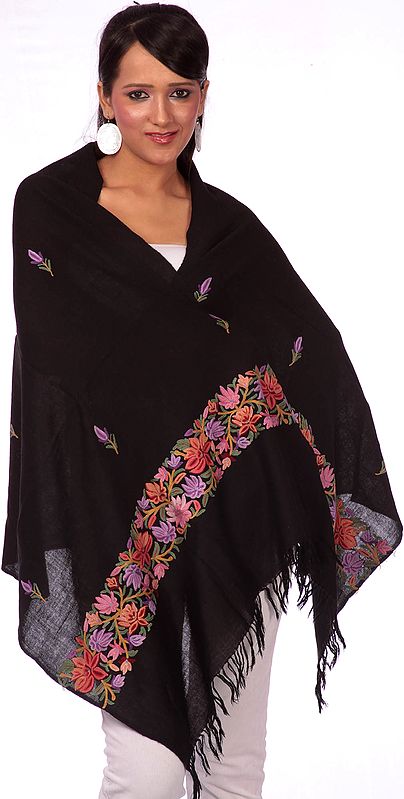 Black Stole with Hand Embroidered Flowers on Borders