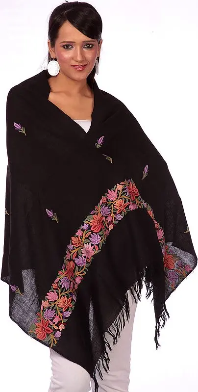 Black Stole with Hand Embroidered Flowers on Borders