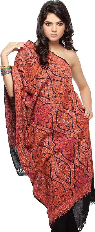 Black Densely Hand-Embroidered Aari Stole from Kashmir