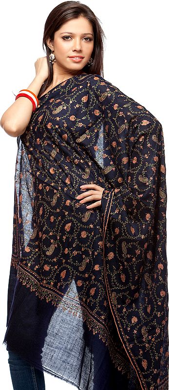 Midnight-Blue Pure Pashmina Shawl with Intricate Kashmiri Sozni Embroidery by Hand All-Over