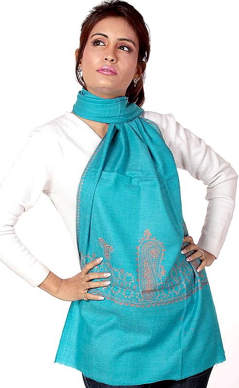 Robin-Egg Blue Tusha Stole Hand-Embroidered in Kashmir