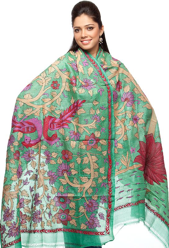 Jade-Green Shawl with Kantha Stitch Embroidered Flowers by Hand