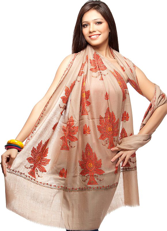 Khaki Pure Pashmina Shawl with All-Over Sozni Hand-Embroidered Maple Leaves