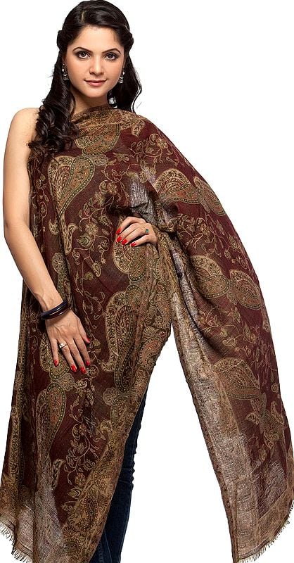 Brown Pure Pashmina Reversible Stole with Printed Paisleys