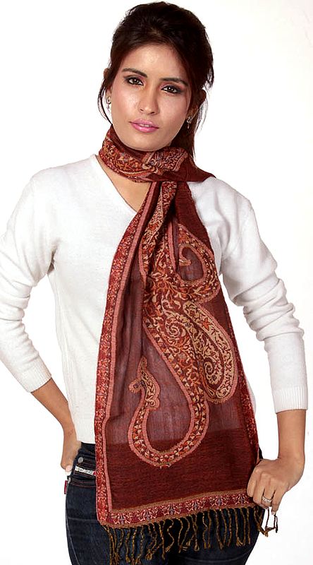 Brown Jamawar Scarf with Woven Paisley
