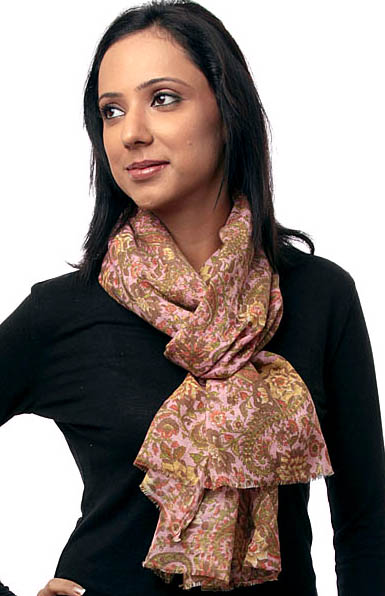 Pink Bamboo Scarf with Printed Flowers and Paisleys