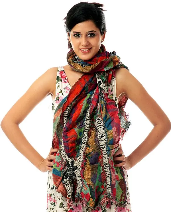 Multi-Color Jamawar Scarf with Zebra Weave