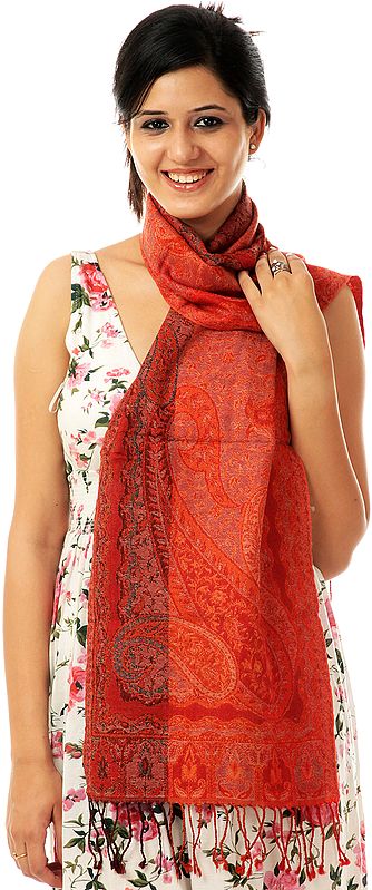 Red and Orange Jamawar Scarf with Woven Paisleys