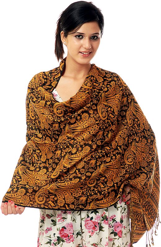 Black and Amber Reversible Jamawar Stole