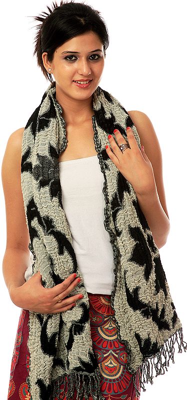 Black and Ivory Reversible Crinkled Floral Scarf