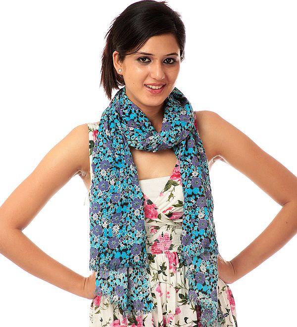 Blue Bamboo Stole with Printed Flowers
