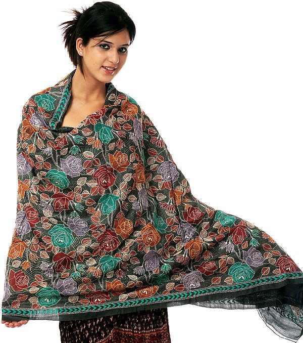 Black Shawl with Kantha Stitch Embroidered Flowers