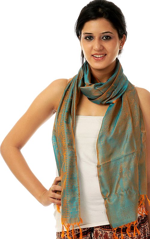 Amber and Cyan Banarasi Stole with Tanchoi Weave