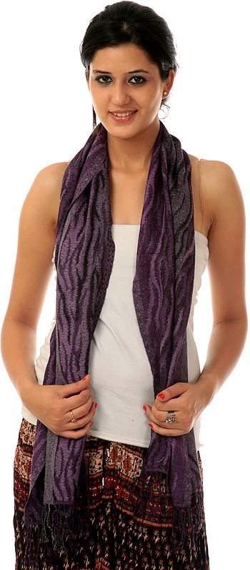 Purple and Gray Jamawar Scarf with Woven Tiger Stripes