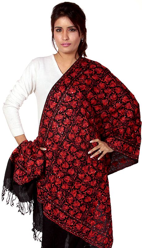 Black Stole with Aari Red Embroidered Flowers and Sequins All-Over