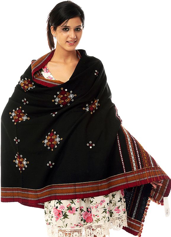 Black Woven Shawl from Kutchh with Mirrors