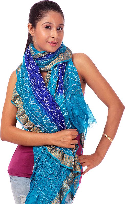 Turquoise and Blue Bandhani Stole from Gujrat