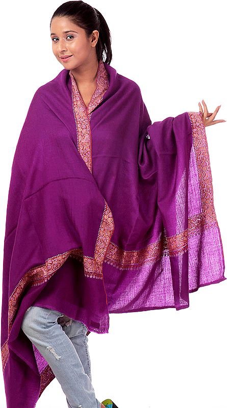 Purple Tusha Shawl with Densely Hand-Embroidered Border