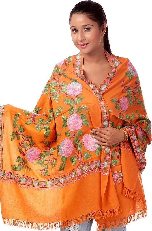 Topaz-Orange Phulkari Aari Embroidered Stole