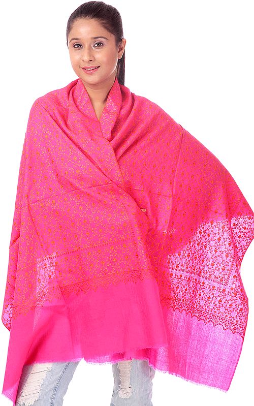 Magenta Sozni Stole with All-Over Hand-Embroidery