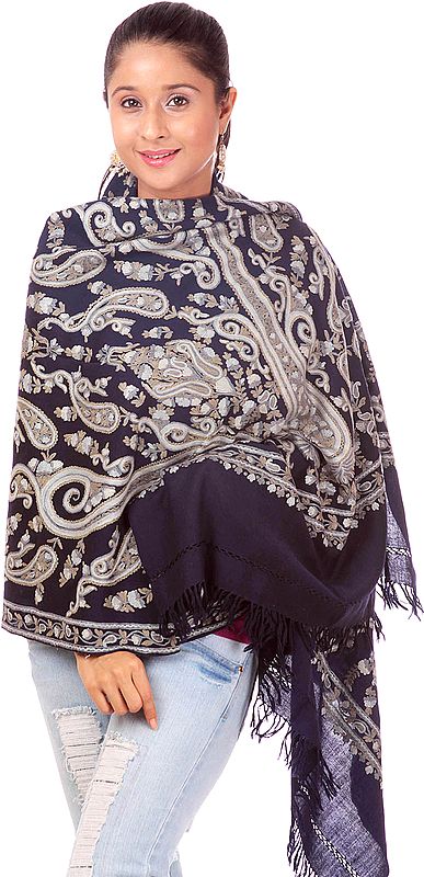 Midnight-Blue Aari Stole from Kashmir with Hand-Embroidered Paisleys