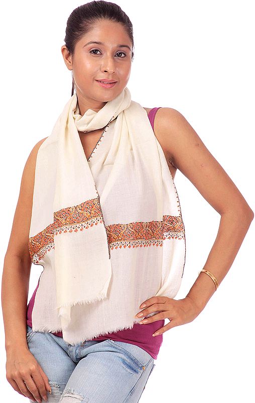 Ivory Tusha Stole with Sozni-Embroidery by Hand on Edges