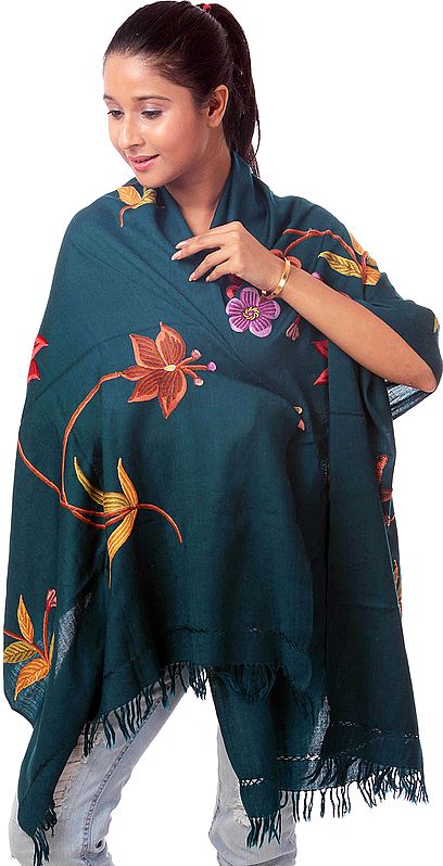 Atlantic-Deep Blue Designer Stole from Kashmir with Hand-Embroidered Flowers