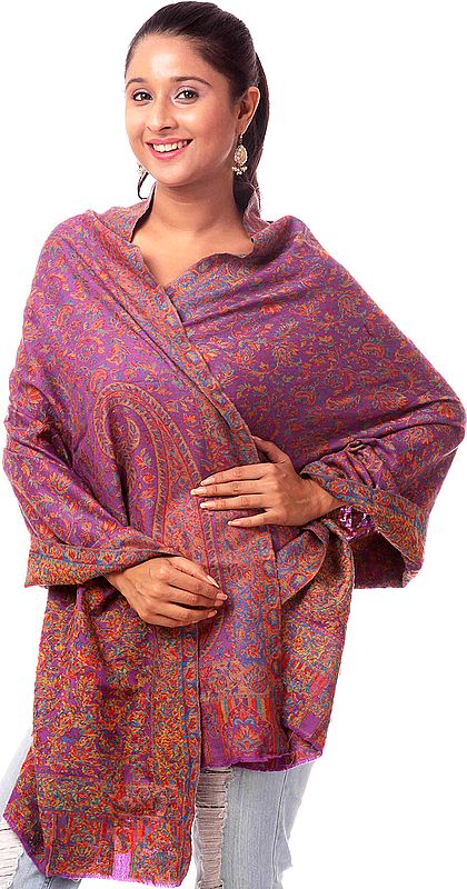 Purple Kani Stole with Woven Paisleys in Multi-Color Threads
