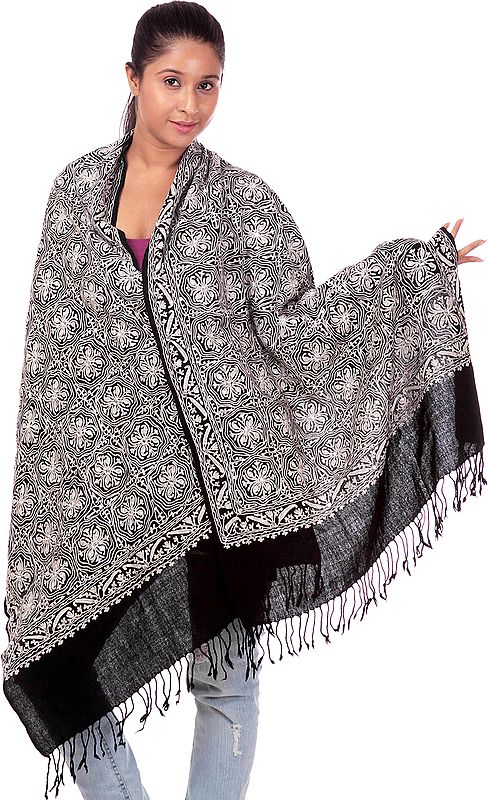 Black and White Stole with Aari Embroidery and Sequins