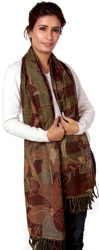 Brown Reversible Jamawar Stole with Floral Weave