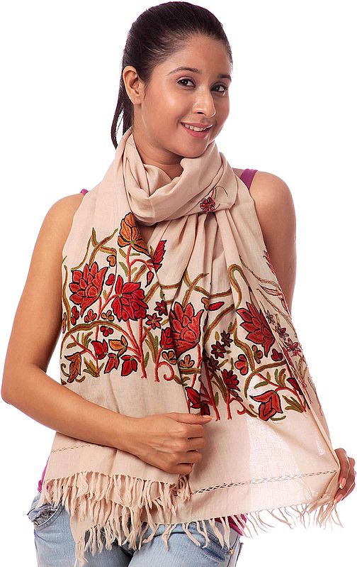 Beige Kashmiri Stole with Hand-Embroidered Flowers on Border