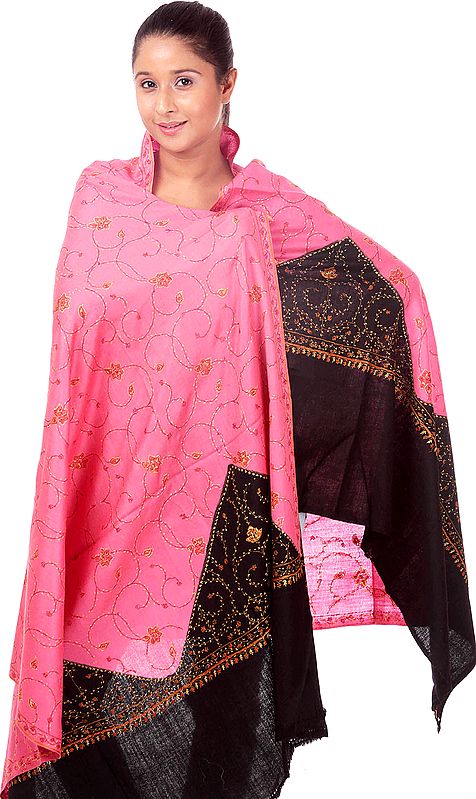 Pink and Black Shawl with All-Over Needle Embroidery