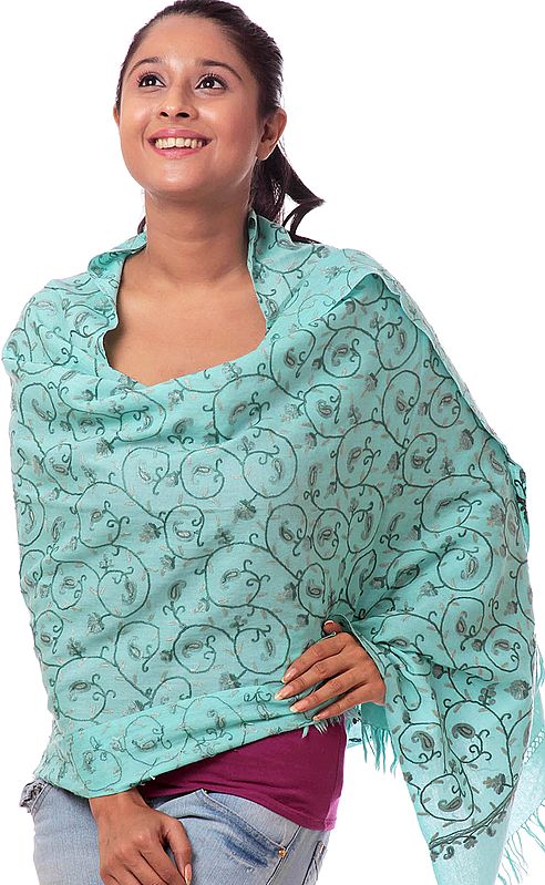 Jade-Green Aari Stole from Kashmir with Hand-Embroidery All-Over