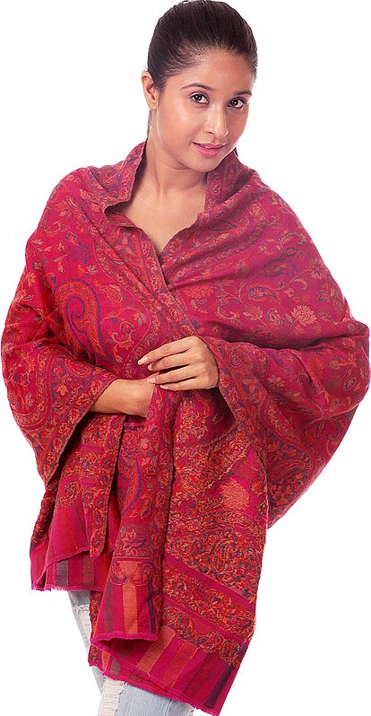 Fuchsia Kani Stole with Woven Paisleys in Multi-Color Threads
