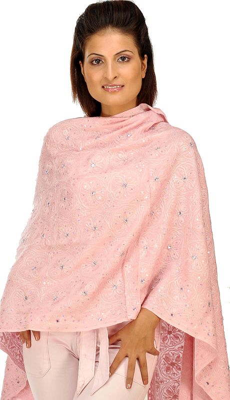 Powder-Pink Stole with Aari Embroidery and Sequins
