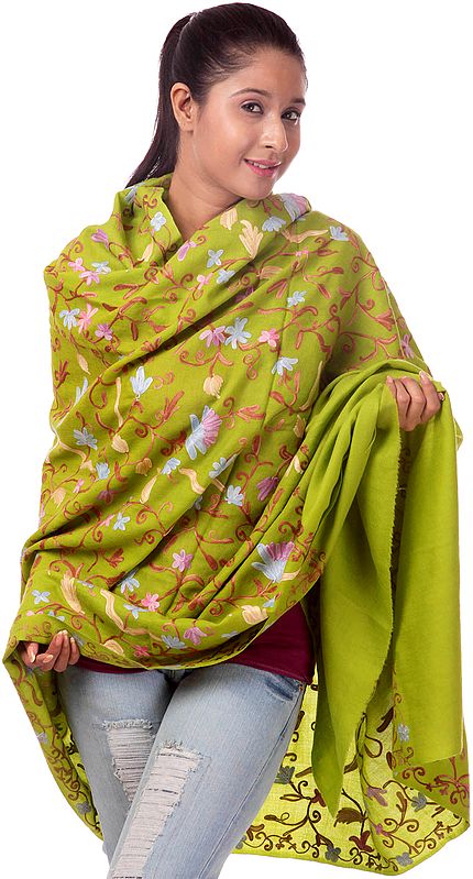 Lime-Green Phulkari Aari Embroidered Shawl from Kashmir