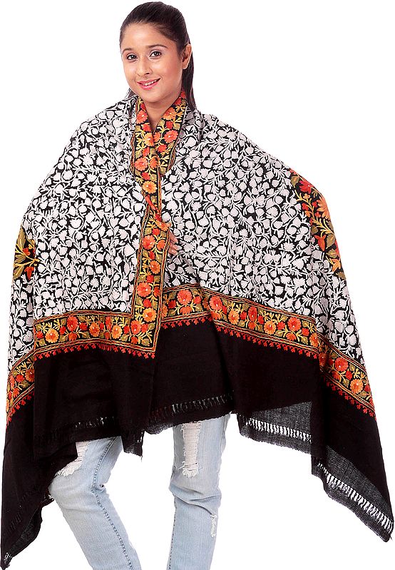 Black and White Aari Embroidered Shawl from Kashmir with Large Paisley