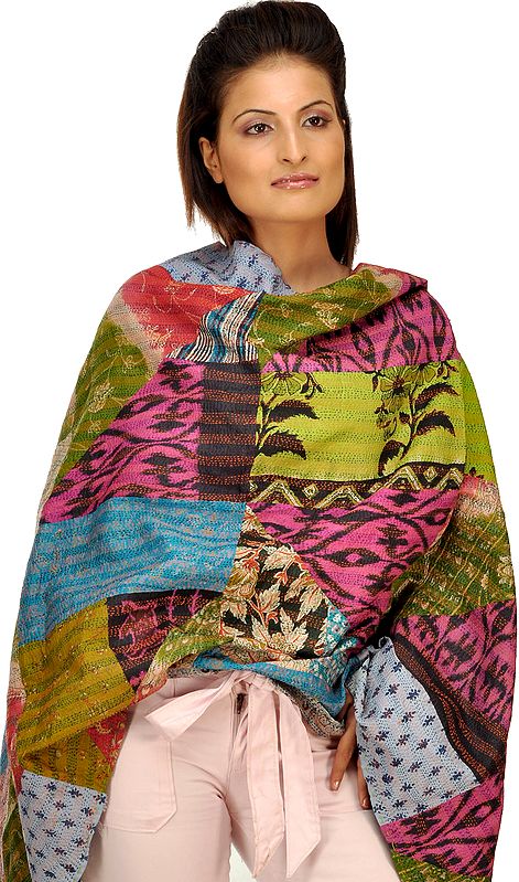 Multi-Color Patchwork and Printed Kantha Embroidered Shawl from Kolkata