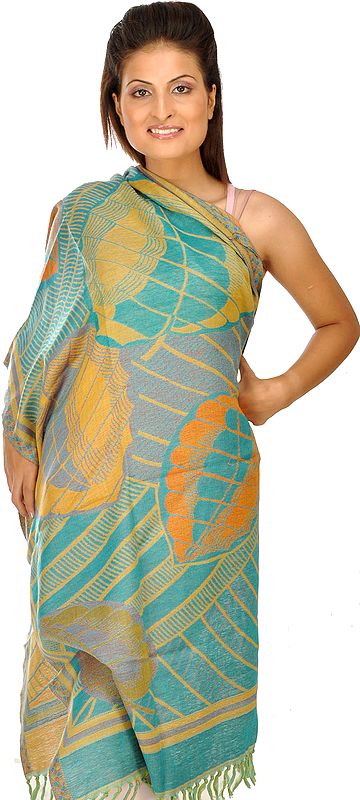 Turquoise Reversible Jamawar Stole with Large Weaves