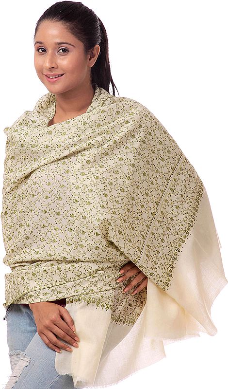 Ivory Kashmiri Tusha Shawl with Jafreen Jaal Embroidery by Hand