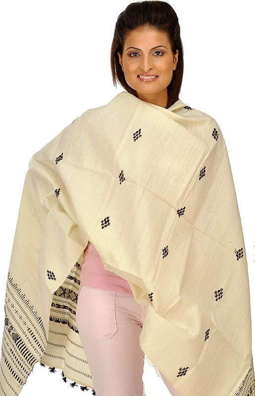 Ivory Pure Silk Shawl from Assam