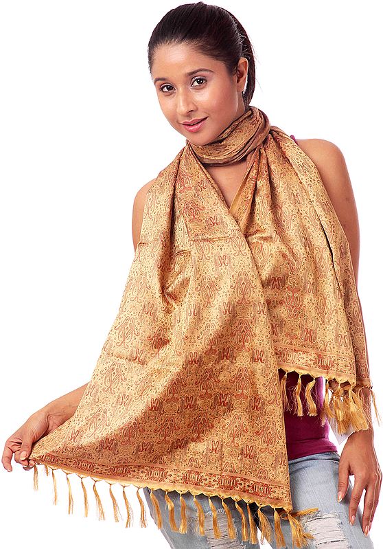 Beige Tehra Banarasi Stole Hand-Woven with All-Over Paisleys