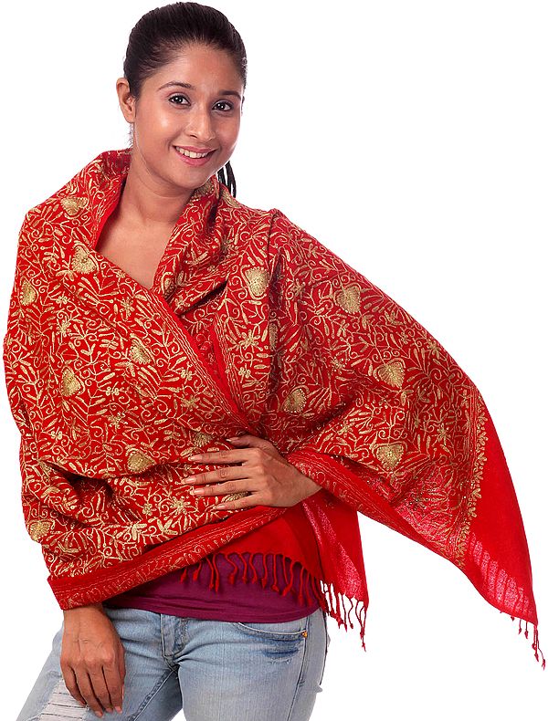 Red Stole with Aari Embroidery and Sequins in Gold
